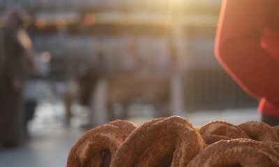 closeup of bagels on a city square