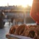 closeup of bagels on a city square