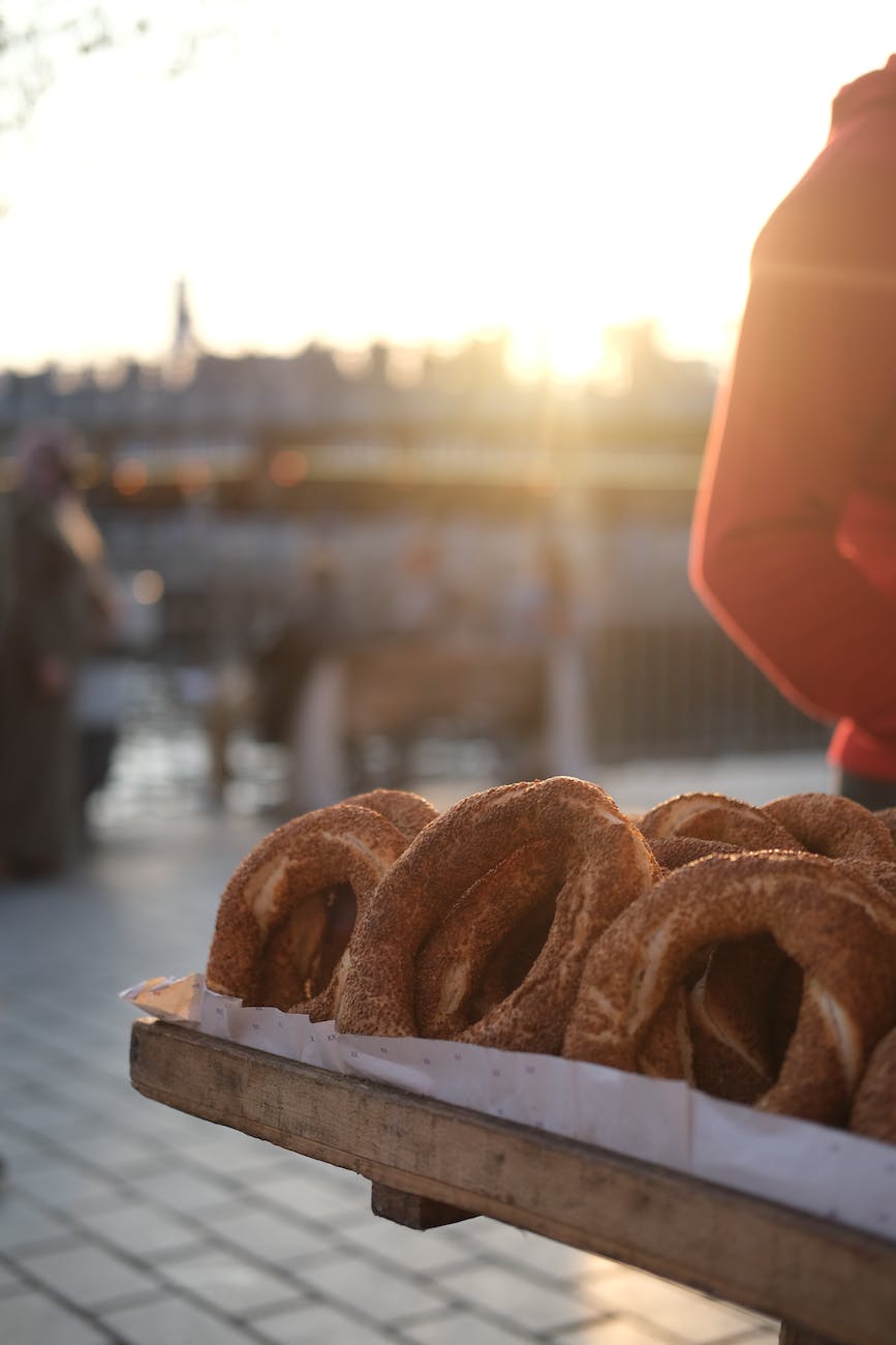 closeup of bagels on a city square